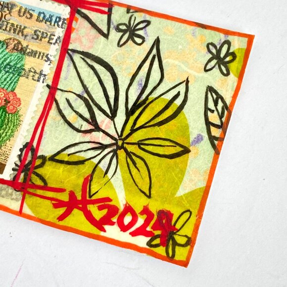 ACEO Original Mixed Media Art 1981 USA Barrel Cactus Plant Postage Stamp ATC - Picture 3 of 4